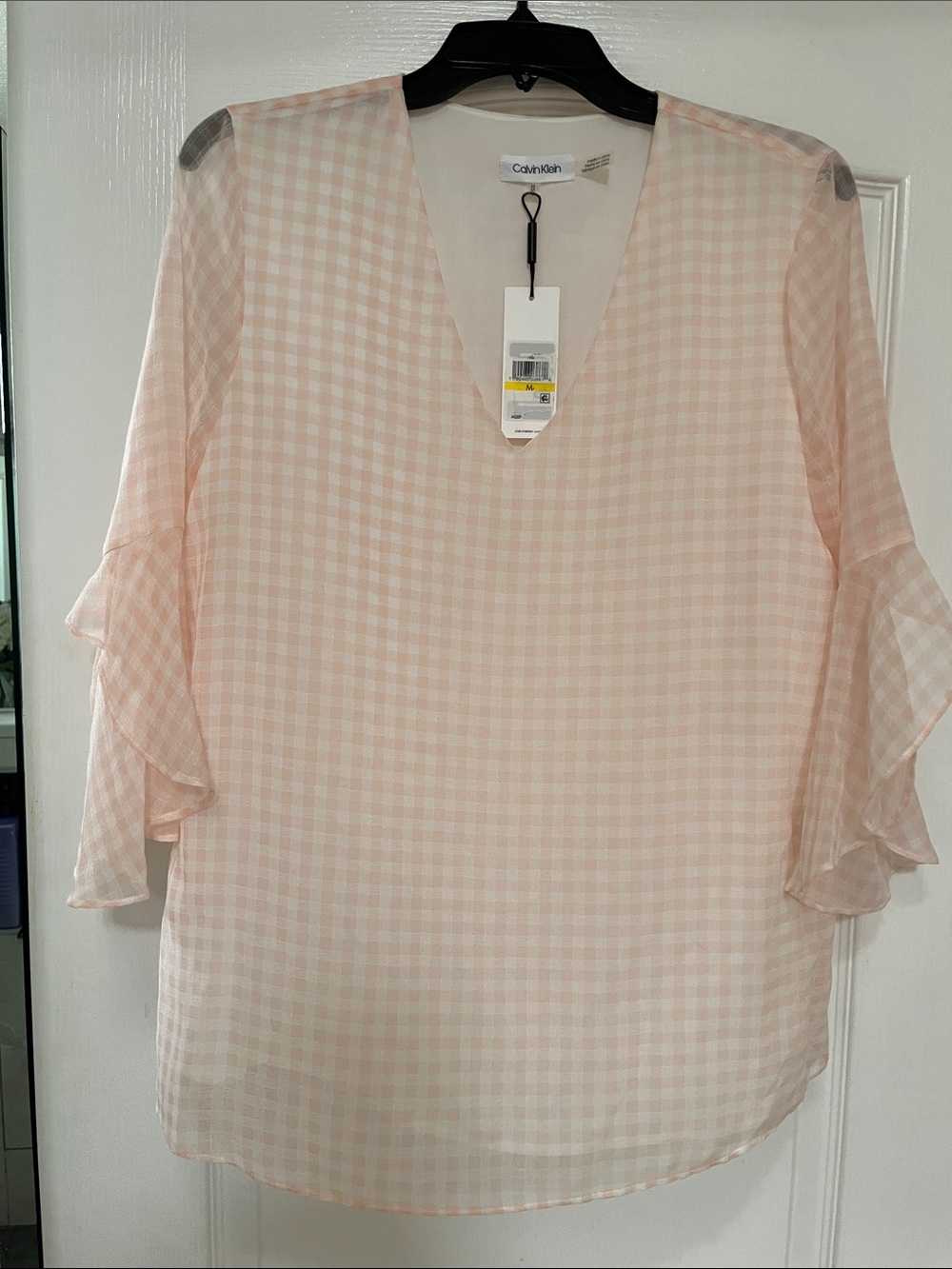Calvin Klein Light Pink Gingham V-Neck Ruffle Sleeve Blouse, NWT, M